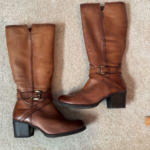 ALDO Women’s Brown Leather Knee High Boots Block Heel Buckle Size 7.5